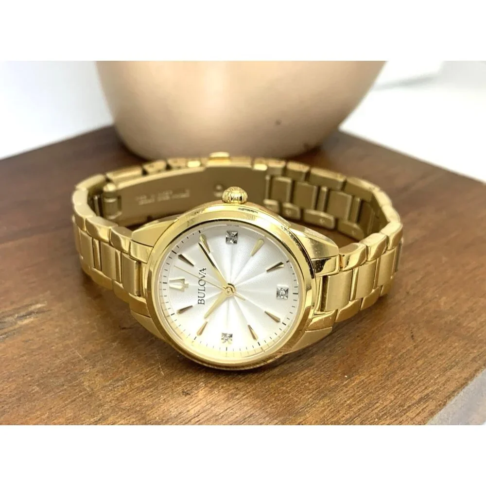 Bulova Women's Watch 97P150 Quartz Diamond Silver Dial Gold Stainless Steel 28mm